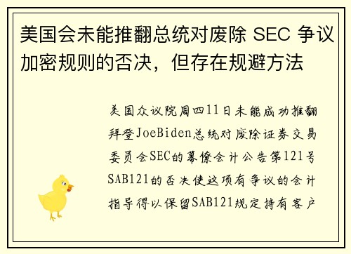 美国会未能推翻总统对废除 SEC 争议加密规则的否决，但存在规避方法