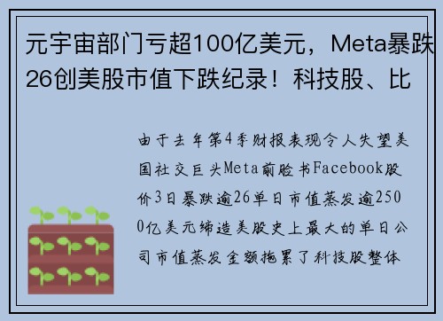 元宇宙部门亏超100亿美元，Meta暴跌26创美股市值下跌纪录！科技股、比特币连带受挫