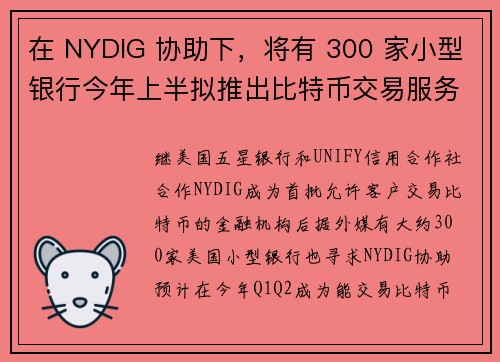 在 NYDIG 协助下，将有 300 家小型银行今年上半拟推出比特币交易服务